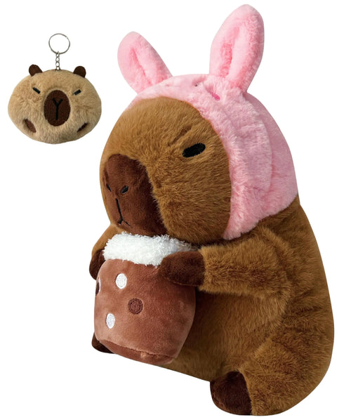 Capibara Plush Toy Large Cute Capybara Stuffed Animal Soft Peluche Capybara Plushie Pillow with Keychain Set for Kids Boys Girls (Pink Rabbit Hat)