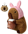 Capibara Plush Toy Large Cute Capybara Stuffed Animal Soft Peluche Capybara Plushie Pillow with Keychain Set for Kids Boys Girls (Pink Rabbit Hat)